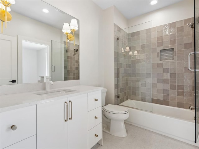 bathroom with bath / shower combo with glass door, recessed lighting, toilet, vanity, and tile patterned flooring