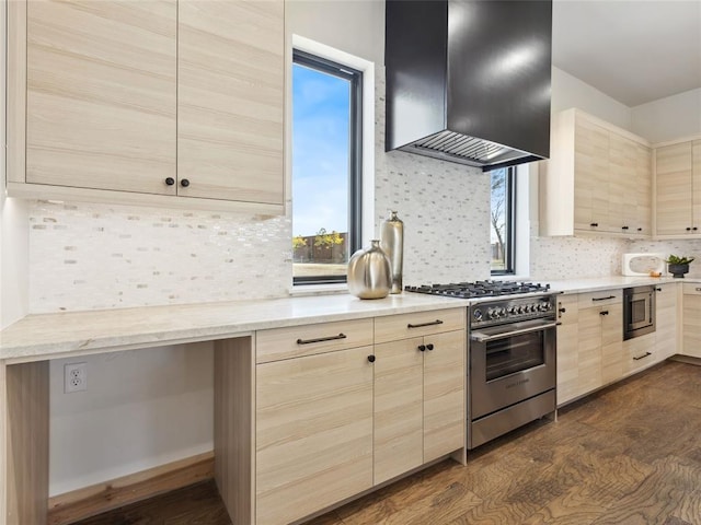 834 NW 72nd St, Oklahoma City, OK 73116 - kitchen with backsplash, wall chimney exhaust hood, light brown cabinetry, appliances with stainless steel finishes, and dark wood-style floors
