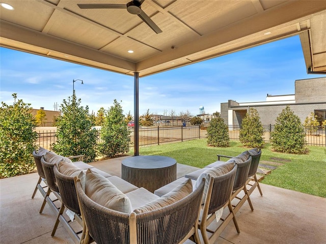 834 NW 72nd St, Oklahoma City, OK 73116 - view of patio featuring a ceiling fan, a fenced backyard, and an outdoor living space