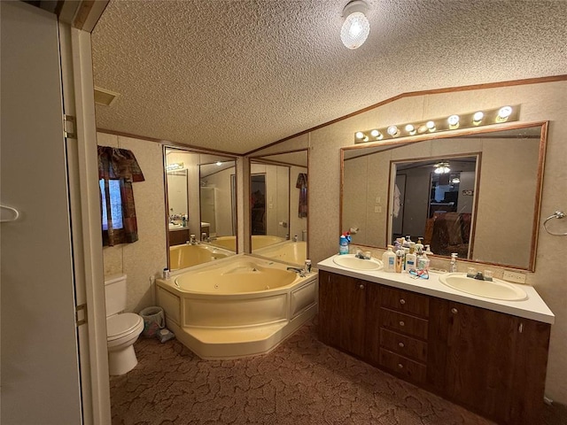 ensuite bathroom featuring ornamental molding, vaulted ceiling, a textured ceiling, and a sink