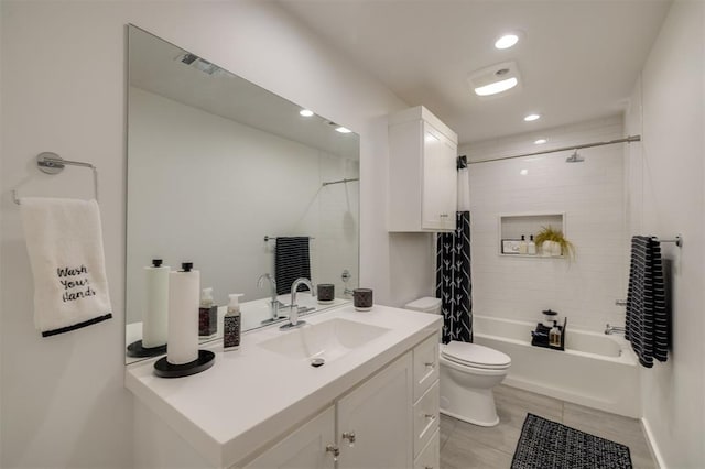 bathroom with recessed lighting, visible vents, toilet, shower / bath combo with shower curtain, and vanity