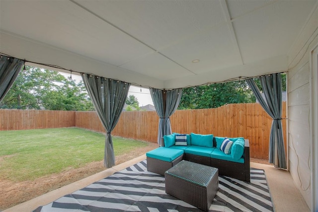 view of patio / terrace with a fenced backyard and an outdoor living space