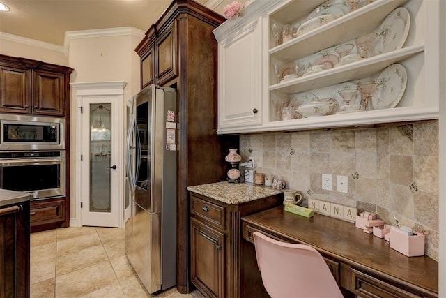 kitchen with dark brown cabinetry, light tile patterned floors, appliances with stainless steel finishes, crown molding, and open shelves