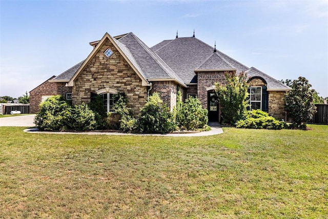 french country home with a shingled roof, brick siding, and a front lawn