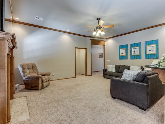 living area featuring ceiling fan, recessed lighting, light colored carpet, visible vents, and baseboards