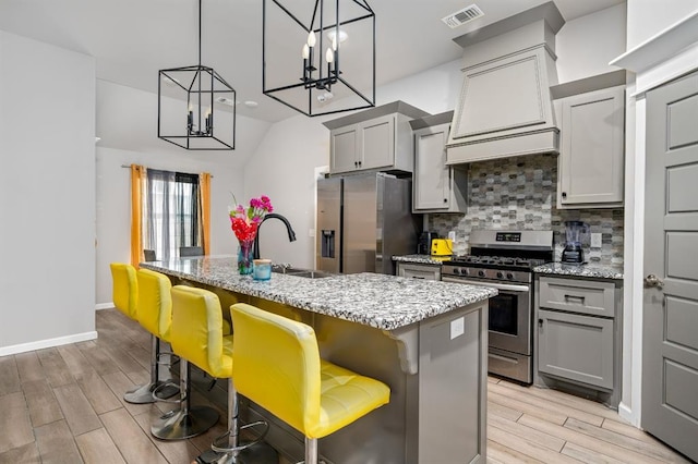 kitchen with visible vents, decorative backsplash, custom exhaust hood, gray cabinets, and stainless steel appliances