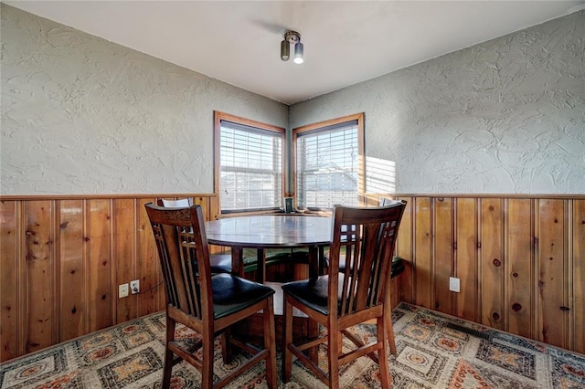 dining room featuring a wainscoted wall, a textured wall, and wood walls