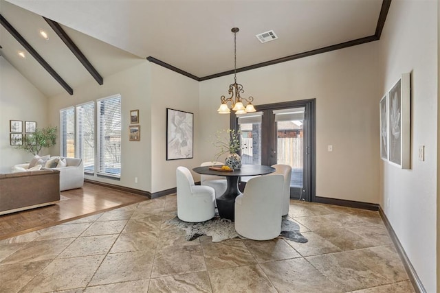 dining room with baseboards, visible vents, an inviting chandelier, crown molding, and high vaulted ceiling