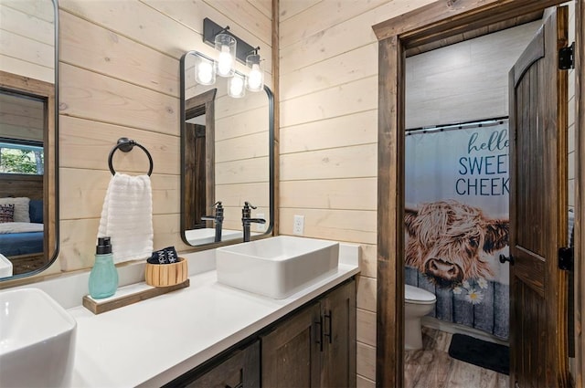 full bathroom featuring vanity, toilet, and wooden walls