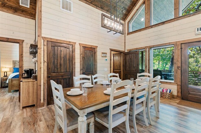 dining space with light wood-type flooring, visible vents, wood walls, and a notable chandelier