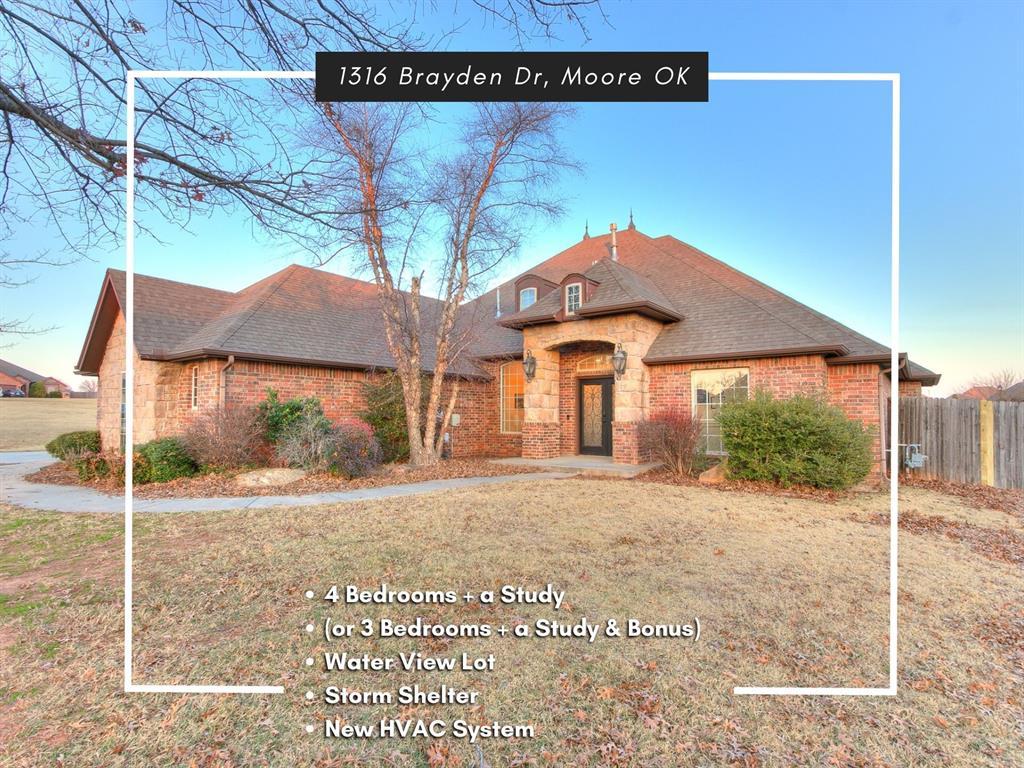 view of front of home with roof with shingles, brick siding, a front lawn, and fence