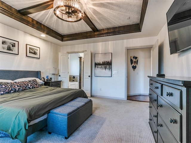 bedroom featuring light carpet, baseboards, and a raised ceiling