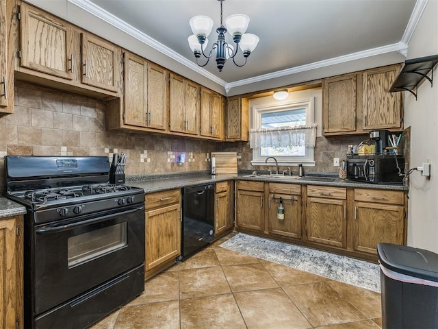 kitchen with dark countertops, brown cabinets, and black appliances