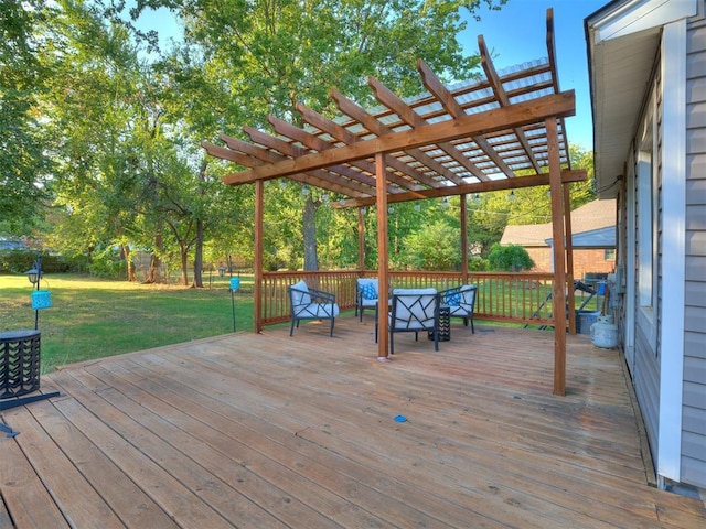 deck featuring fence, a lawn, and a pergola