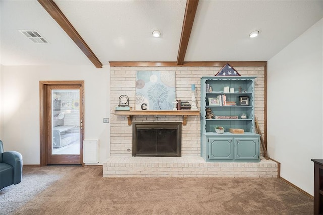 carpeted living area featuring beam ceiling, a fireplace, visible vents, and baseboards