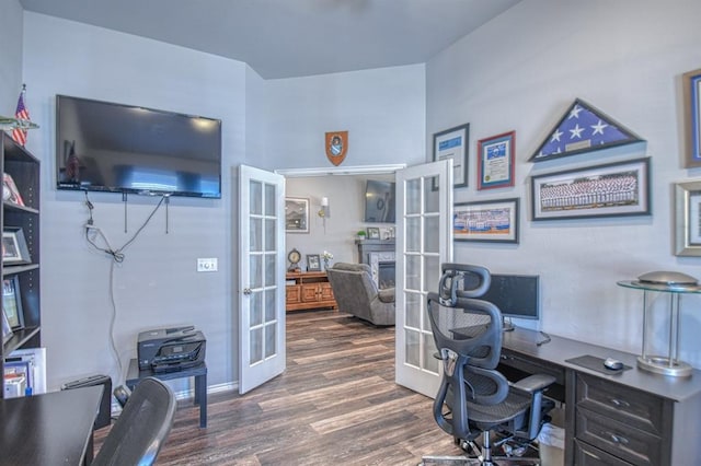 home office featuring dark wood-style floors and french doors