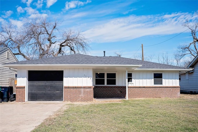 ranch-style house featuring driveway, brick siding, an attached garage, board and batten siding, and a front yard