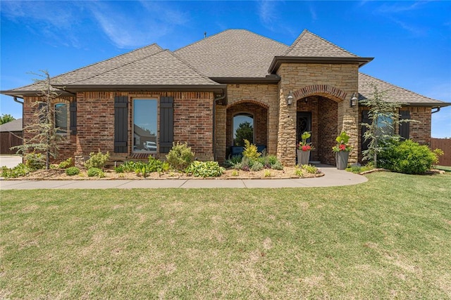 1525 NW 176th St, Edmond, OK 73012 - french provincial home featuring a shingled roof, a front lawn, and brick siding