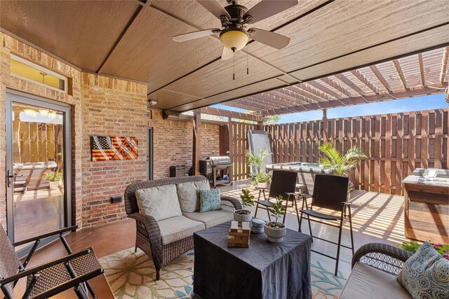 1525 NW 176th St, Edmond, OK 73012 - view of patio / terrace featuring an outdoor living space, a grill, fence, outdoor dining area, and ceiling fan