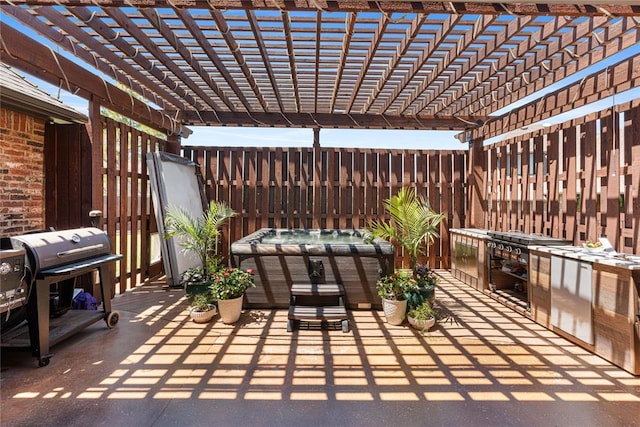 1525 NW 176th St, Edmond, OK 73012 - view of patio / terrace featuring a hot tub, fence, grilling area, and a pergola