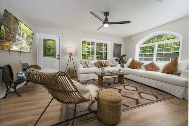 living area with ceiling fan, a wealth of natural light, and wood finished floors