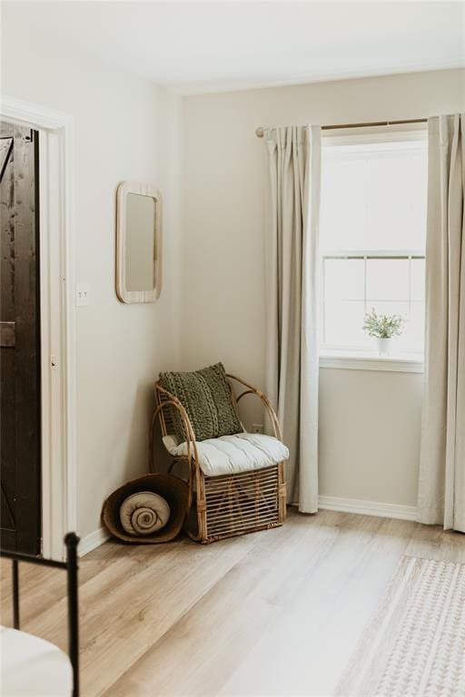 living area featuring baseboards and wood finished floors