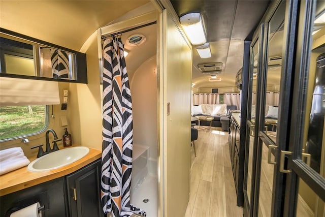 bathroom featuring visible vents, wood finished floors, and vanity