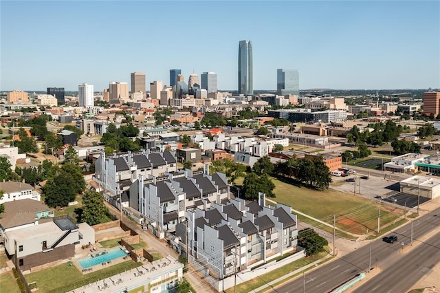 drone / aerial view with a city view