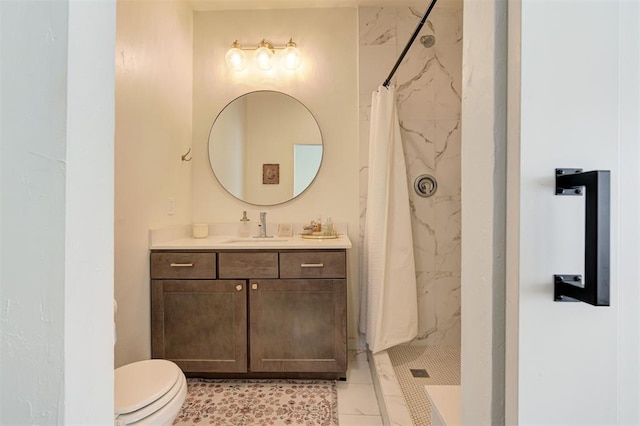 bathroom featuring a stall shower, tile patterned flooring, vanity, and toilet