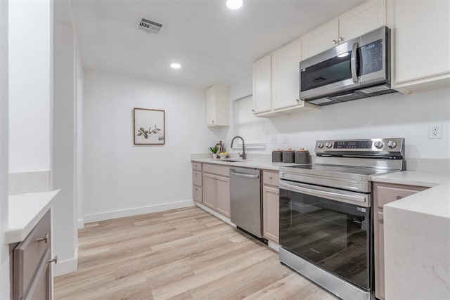 kitchen featuring light countertops, appliances with stainless steel finishes, visible vents, and white cabinets