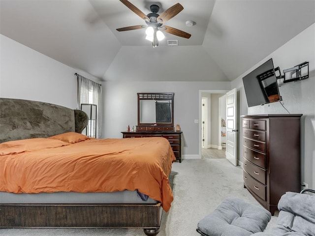 bedroom featuring carpet floors, visible vents, vaulted ceiling, ceiling fan, and baseboards