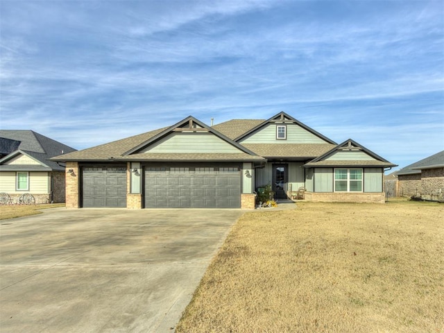 craftsman house featuring driveway, brick siding, board and batten siding, and an attached garage