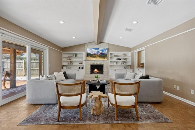 living area featuring a fireplace, vaulted ceiling with beams, visible vents, and baseboards