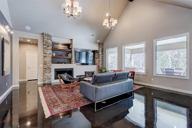 living room with concrete flooring, high vaulted ceiling, a fireplace, baseboards, and an inviting chandelier