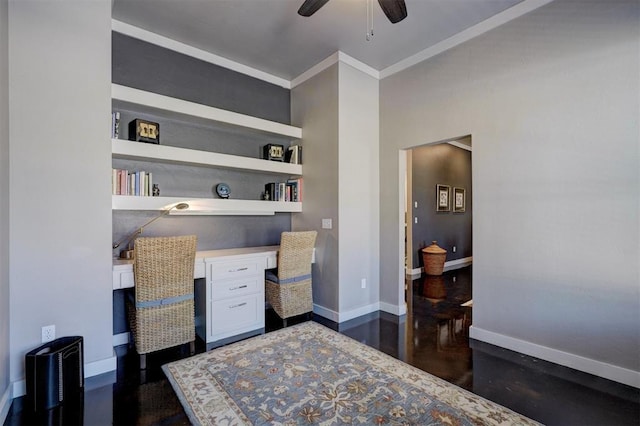 bedroom with ceiling fan, ornamental molding, built in study area, and baseboards