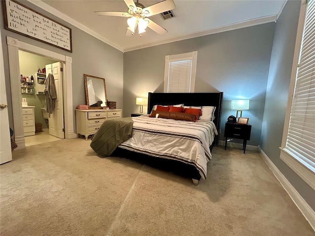 bedroom with crown molding, visible vents, light carpet, ceiling fan, and baseboards