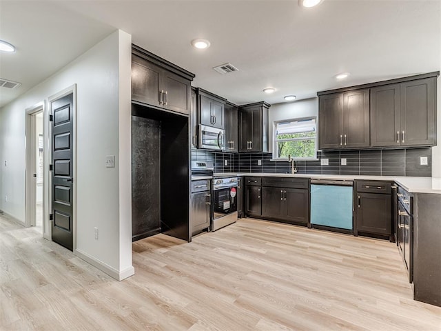 kitchen with tasteful backsplash, visible vents, light wood-style flooring, and stainless steel appliances