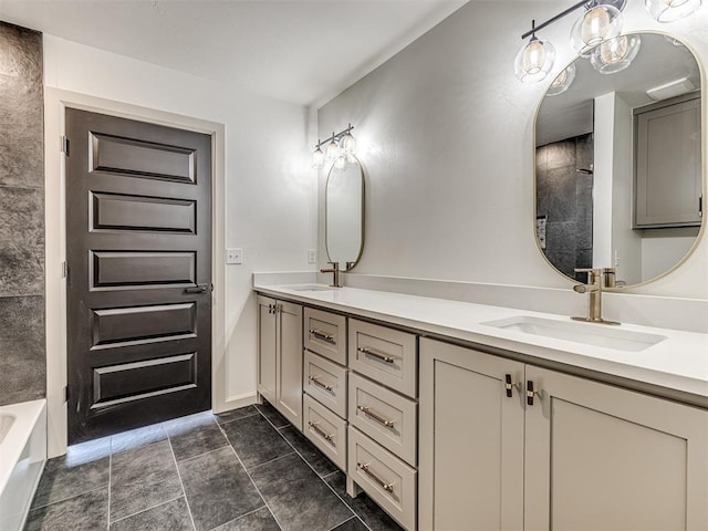 full bath with a shower, a tub to relax in, double vanity, and a sink