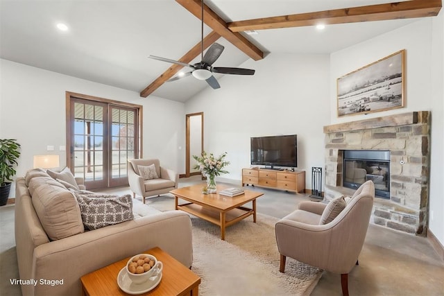 living area with ceiling fan, a stone fireplace, recessed lighting, french doors, and beam ceiling