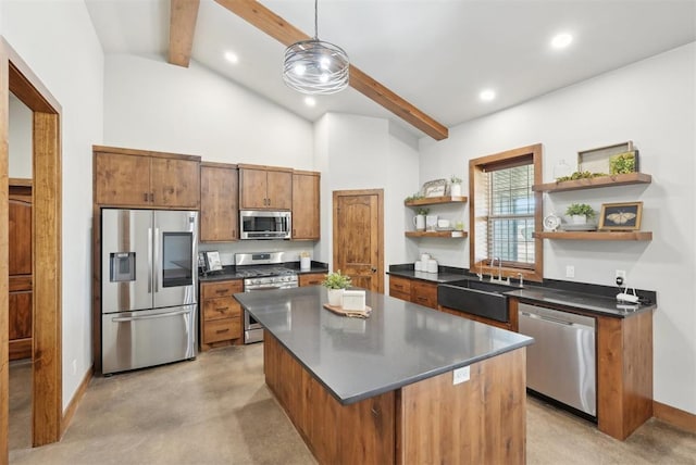 kitchen featuring stainless steel appliances, a sink, a center island, open shelves, and dark countertops