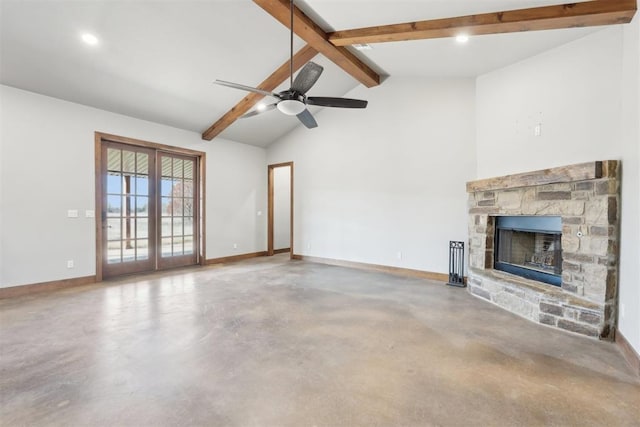 unfurnished living room with concrete flooring, beamed ceiling, and baseboards