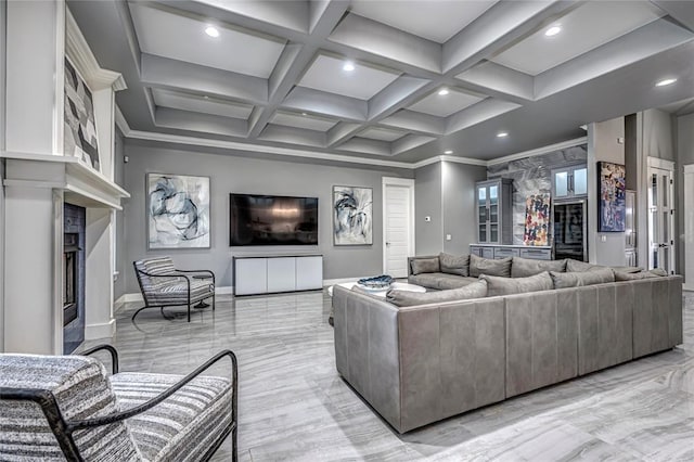 living room with recessed lighting, beamed ceiling, and coffered ceiling