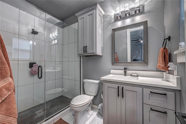 full bath with a shower stall, toilet, and vanity