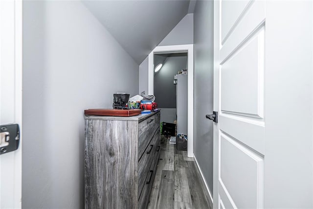 bathroom featuring vaulted ceiling, wood finished floors, and water heater