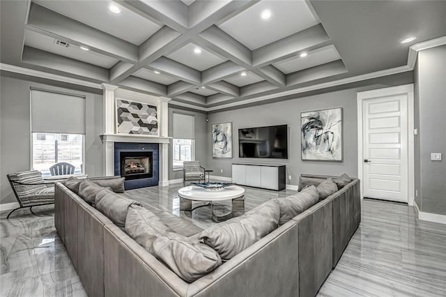 living area featuring baseboards, coffered ceiling, a fireplace, beamed ceiling, and marble finish floor