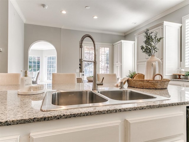 room details featuring ornamental molding, light stone countertops, white cabinetry, and a sink