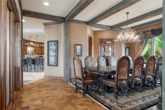 dining area featuring a chandelier, recessed lighting, and beam ceiling