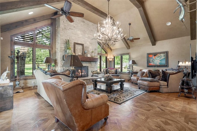 living area with ceiling fan, high vaulted ceiling, recessed lighting, a fireplace, and beam ceiling