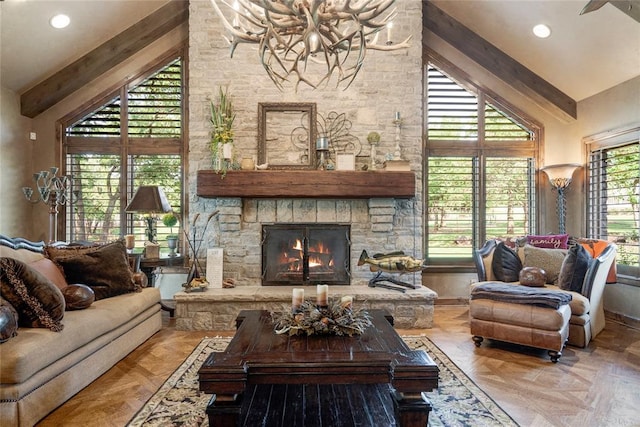 living room featuring lofted ceiling with beams, a fireplace, and recessed lighting