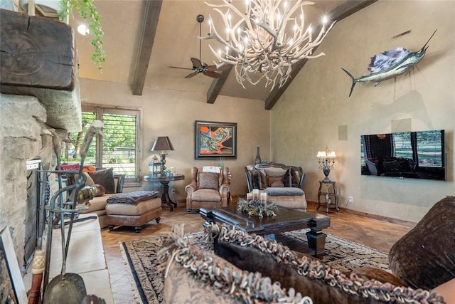 living area with baseboards, a ceiling fan, a stone fireplace, high vaulted ceiling, and beam ceiling